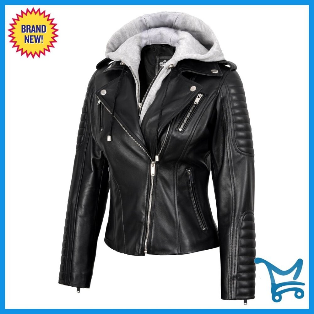 Lambskin Leather Jacket with Removable Hood, Women's Outerwear